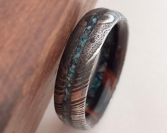 Handmade Damascus Steel Ring: Lapis Lazuli & Turquoise Inlay