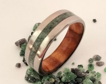 May birthstone ring for women, Olive wood, Raw Emerald stone, Titanium and raw stone ring, His and hers band, Mens wedding band, Male ring