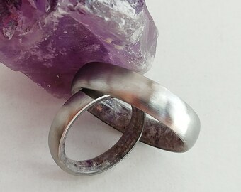 Titanium Wedding Band Set: Raw Amethyst Stone, Matching Engagement Rings