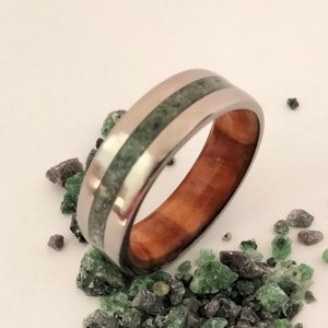 May birthstone ring for women, Olive wood, Raw Emerald stone, Titanium and raw stone ring, His and hers band, Mens wedding band, Male ring