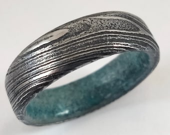 Damascus Steel Ring: Aquamarine Inlay, Unisex Wedding Band