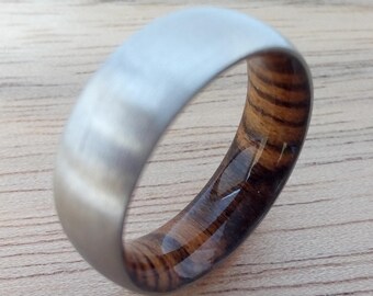 Titanium Mens Wedding Band: Bocote Wood Inlay, Comfort Fit, 8mm