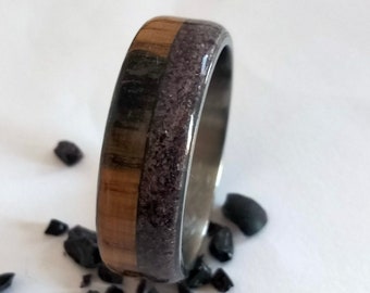 Mens wedding band, Bourbon barrel and Garnet stone, Titanium band, Engagement rings, His and hers band, Promise rings, Chrismas gift for men