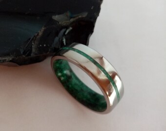 Titanium Ring with Malachite & Black Obsidian - Raw Stone Boho Wedding Band