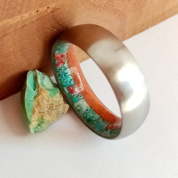 California Redwood, Red Coral, Turquoise, Titanium wedding band, His and hers ring, Raw stone, Unique rings, Mens wedding band, Wooden rings