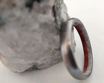 Engagement band, Alernative rings, Womens wedding rings, Moonstone and Red Heart wood, Titanium Proposal ring, Gift for him or hers