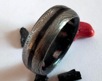 Damascus Steel Wedding Band: Black Tourmaline & Red Coral Inlay