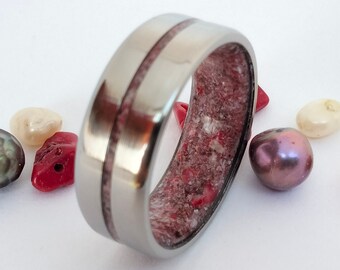 Titanium Wedding Band: Red Coral & Pearl Inlay, His and Hers Ring