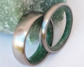 Wedding Rings, Couples Ring Set, His & Hers titanium rings, Engagement, Anniversary, Marriage, Natural green Jade stone, Boho style ring