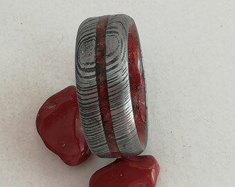 Damascus Steel Wedding Band: Raw African Bloodstone Ring