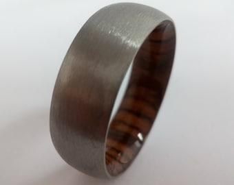 Mens Titanium Ring: Handmade Bocote Wood Inlay, Brushed Finish