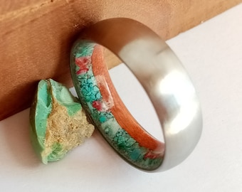 California Redwood, Red Coral, Turquoise, Titanium wedding band, His and hers ring, Raw stone, Unique rings, Mens wedding band, Wooden rings