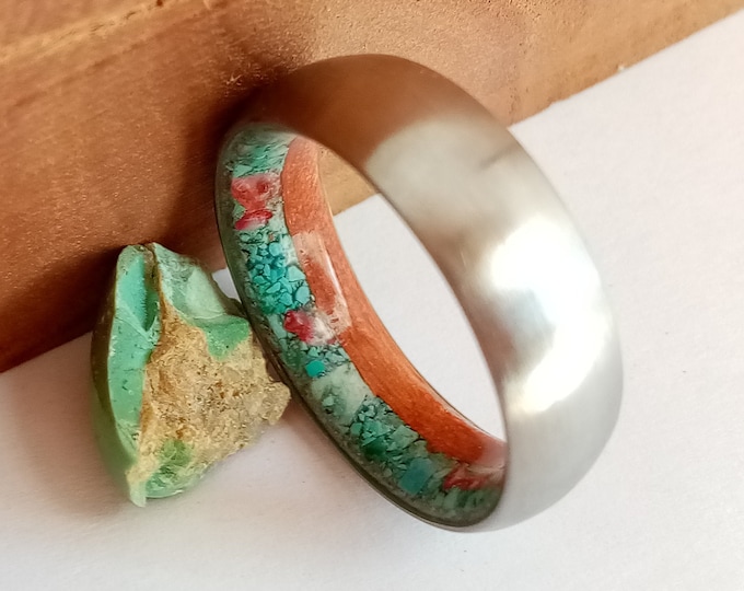 Featured listing image: California Redwood, Red Coral, Turquoise, Titanium wedding band, His and hers ring, Raw stone, Unique rings, Mens wedding band, Wooden rings