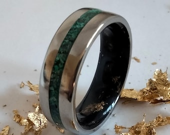 Malachite Titanium Ring: Black Tourmaline & Gold Foil Inlay, Hypoallergenic Band