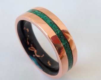 Copper Wedding Band: Raw Malachite Crystal Engagement Ring