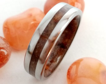 Carnelian Titanium Ring, Mens Wedding Band, 6mm Stone Inlay