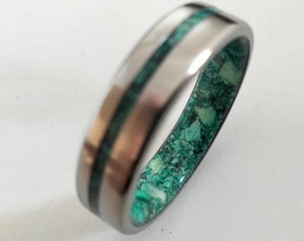 Titanium band with reconstituted Turquoise natural stone, 1mm off-center outside line, Glossy finish, Statement his and hers rings, 5mm