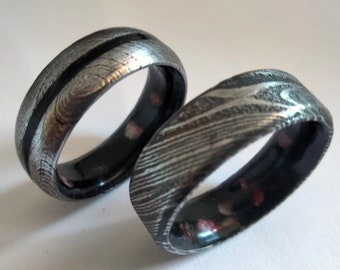 Damascus Steel Wedding Ring Set: Black Tourmaline & Coral Inlay