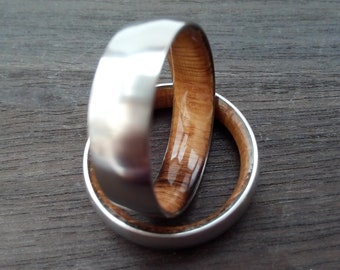 Handmade Titanium Wedding Ring Set: Whiskey Barrel Wood Inlay