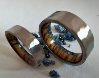 Gift for mens, Titanium wedding bands for him and her with natural blue Lapis lazuli stone and Bocote wood, Unisex wedding, Hammered band