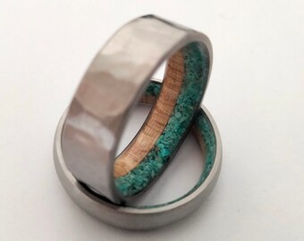 Titanium Wedding Band Set: Hammered & Round, Oak Wood, Turquoise Stone