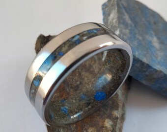 Petrified wood ring, Lapis lazuli stone ring, Fossil ring, Hipoallergenic Titanium band, Statement his and hers rings, Marriage unisex ring