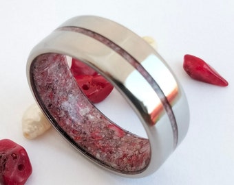 Red Coral Ring, Purple Pearl, White Pearl -Alternative Statement Ring, June Birthstone, Handmade Ring, Coral, Gemstone Coral Ring, Mens Ring