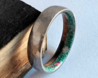 Mens rings with stones, Titanium hammered band, Round ring, Whiskey barrel wood, Turquoise stone, Red coral, White pearl, Womens bands