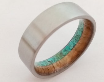 Mens wedding band, Mens ring, Square band, White Oak wood, Turquoise stone, Raw stone, Wedding band, Engagement band, Gift for men, 8mm