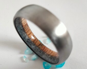 Man titanium wedding band Aquamarine stone and Whiskey barrel wood, Unique Promise Proposal rings, Statement unisex band, Engagement rings