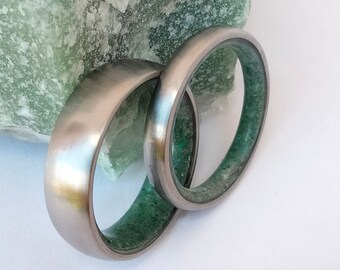 Green Jade stone rings, Marriage rings for him and for her, Round Titanium bands Gay wedding bands, Lesbian engagement rings, Cute rings