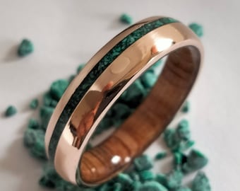 Unisex bronze band with green malachite stone outside and white oak wood inside, Christmas gift for him or hers, 8th anniversary gift rings