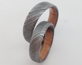 Damascus steel wedding bands, Wedding bands his and hers, matching wedding bands, Whiskey barrel bands, wedding ring set, Beveled edges band
