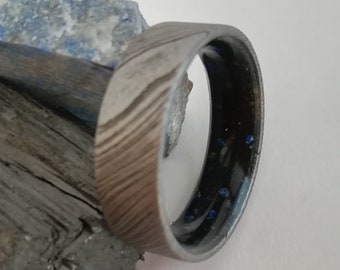 Unique male Damascus Rings, Mens Wedding Band, Bands His and Hers, Male marriage Band, Unique Rings Black Tourmaline and Lapis lazuli Stone