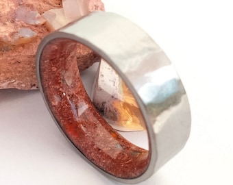 Hammered Titanium Wedding Band: Fire Opal Engagement Ring, His & Hers