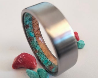Square mens wedding band, Turquoise stone and Red Coral, White Oak wood, Hipoallergenic titanium rings, Male Engagement rings, Promise bands