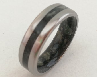 Titanium Wedding Band: Raw Stone Inlay, Unisex Beveled Ring
