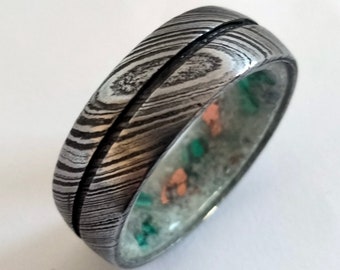 Gift for mens, Mix Moonstone, Green Malachite stone and  recicled Copper flakes, Round unisex band, Raw stone, Unique his and hers rings