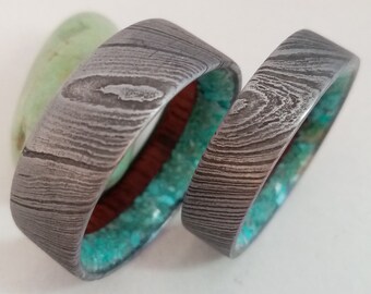 Handmade Damascus Steel Ring: Turquoise & Purple Heart Wood Inlay