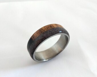 Stainless rings for mens or womens, Natural Garnet stone rings, Whiskey barrel wood ring, Fashion jewelry unisex, Altenative wedding bands