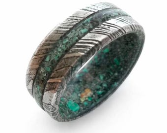 Handmade Damascus Steel Ring: Malachite & Fire Opal Gemstone Band