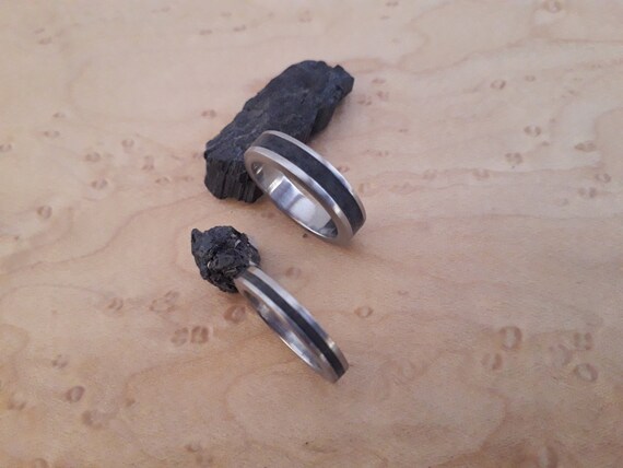 Titanium Wedding Band Set: Raw Black Tourmaline Stone Rings