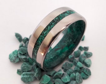 Titanium ring, Raw stone ring, Green natural stone, Malachite stone, His and hers, Wedding band, Mens wedding band, Womens wedding band
