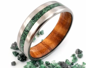 Titanium Olive Wood Emerald Wedding Band, Gift for mens