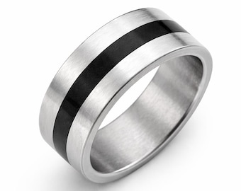 Personalized rings, Mens wedding band, Black natural raw tourmaline stone ring, Handmade unisex jewelry, Husband anniversary gift