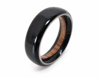 Black Tourmaline Stone & Oak Wood Ring - Titanium Wedding Band