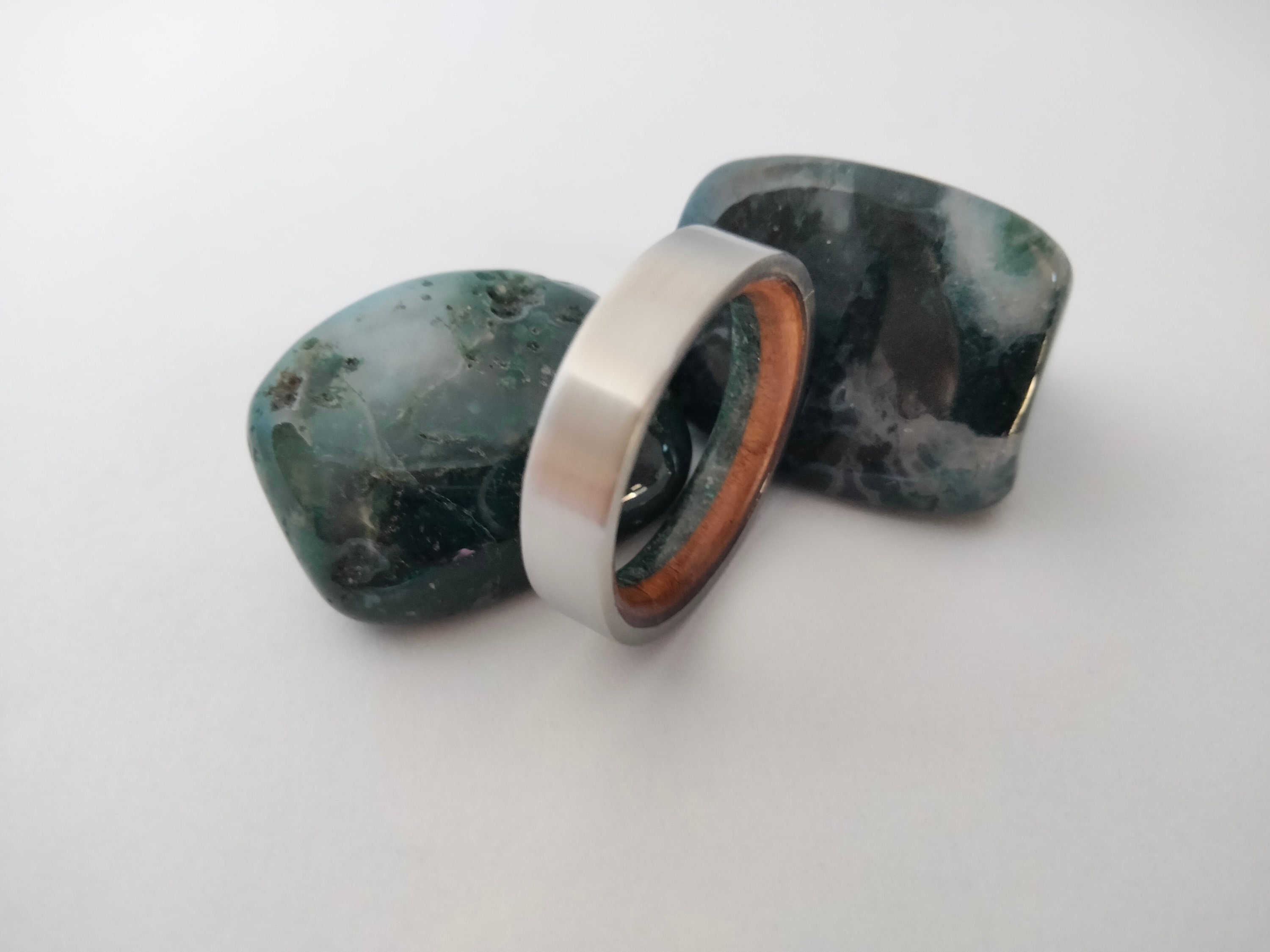 Koa wood ring, Raw Moss Agate stone, Titanium silver ring, Hawaiian wood ring, Matte ring, Wood Engagement ring, Wedding ring, Ring for men