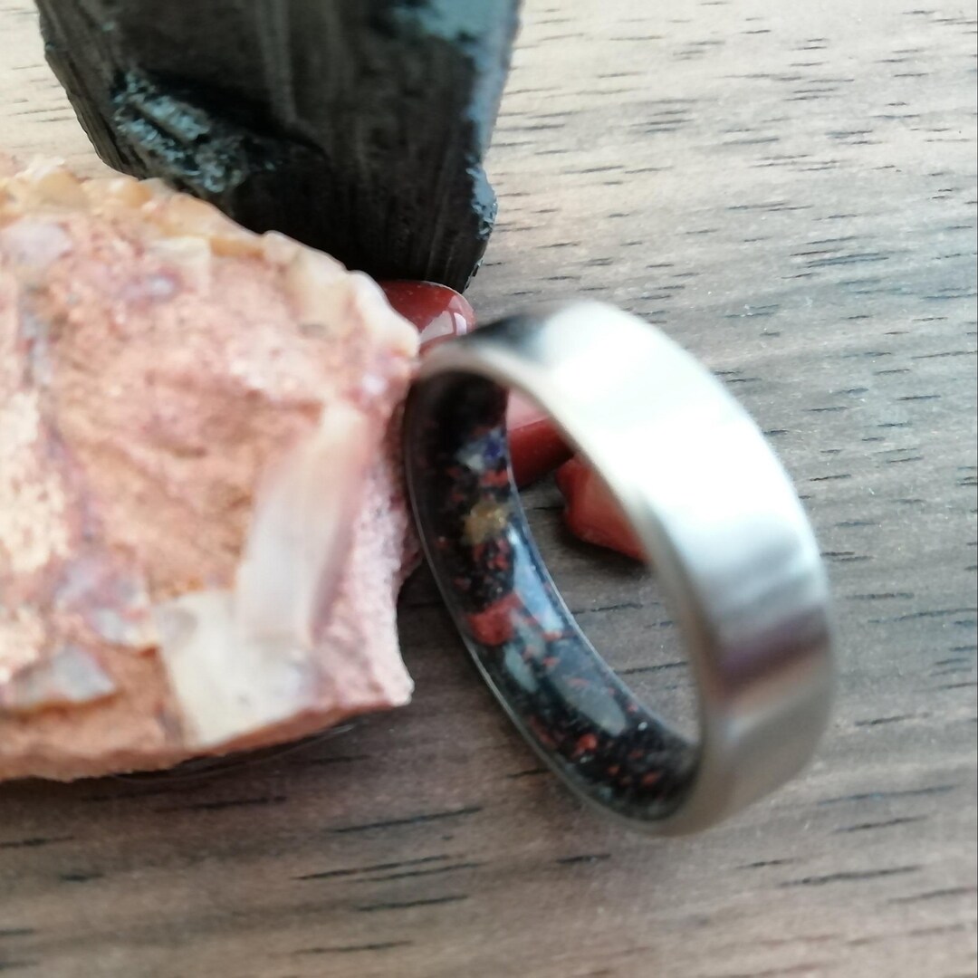 Titanium Wedding Band: Raw Tourmaline, Fire Opal & Red Jasper Inlay ...