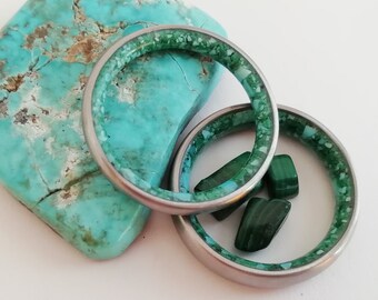 Titanium Wedding Band Set: Raw Turquoise & Malachite Stone Rings