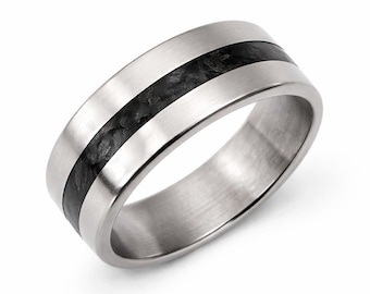 Gift for mens, Titanium wedding band Natural black Tourmaline stone inline, Square male rings, Hipoallergenic jewelry for mens
